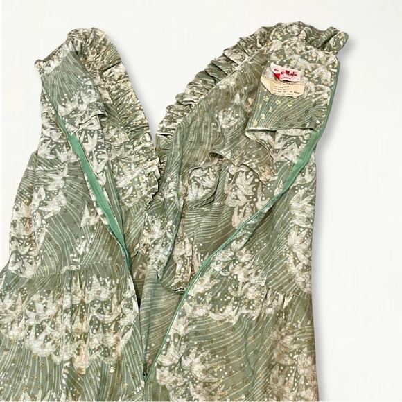 Vintage 1960s Mary Martin Florida Green Sleeveless Long Dress with Gold Detail - Picture 12 of 13